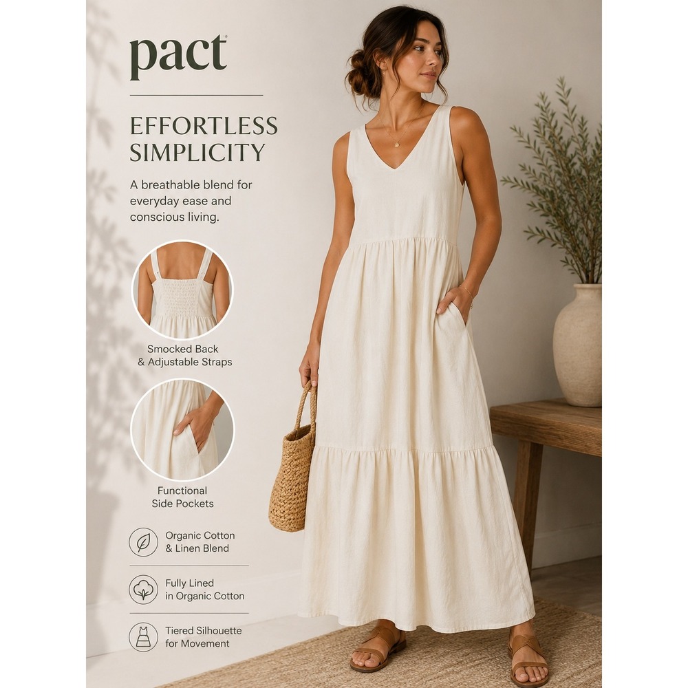 Pact Maxi Dress Women L Cream Organic Cotton Linen Blend Tiered V-Neck Pocket
